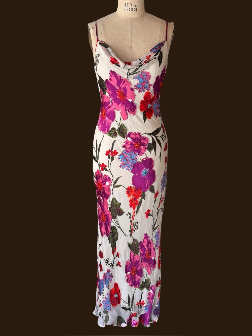 Vintage Y2K Sue Wong Silk Beaded Floral Bias Cut Maxi Dress